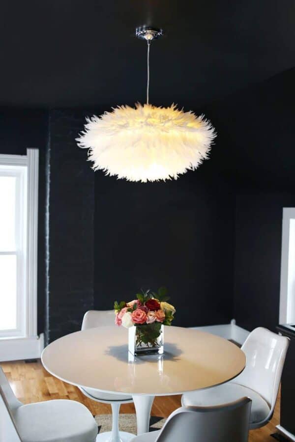 Feather lightshade hanging from ceiling