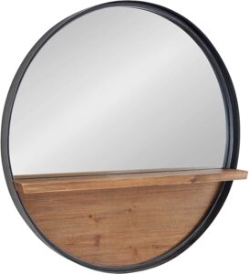 Metal framed mirror with wooden shelf.