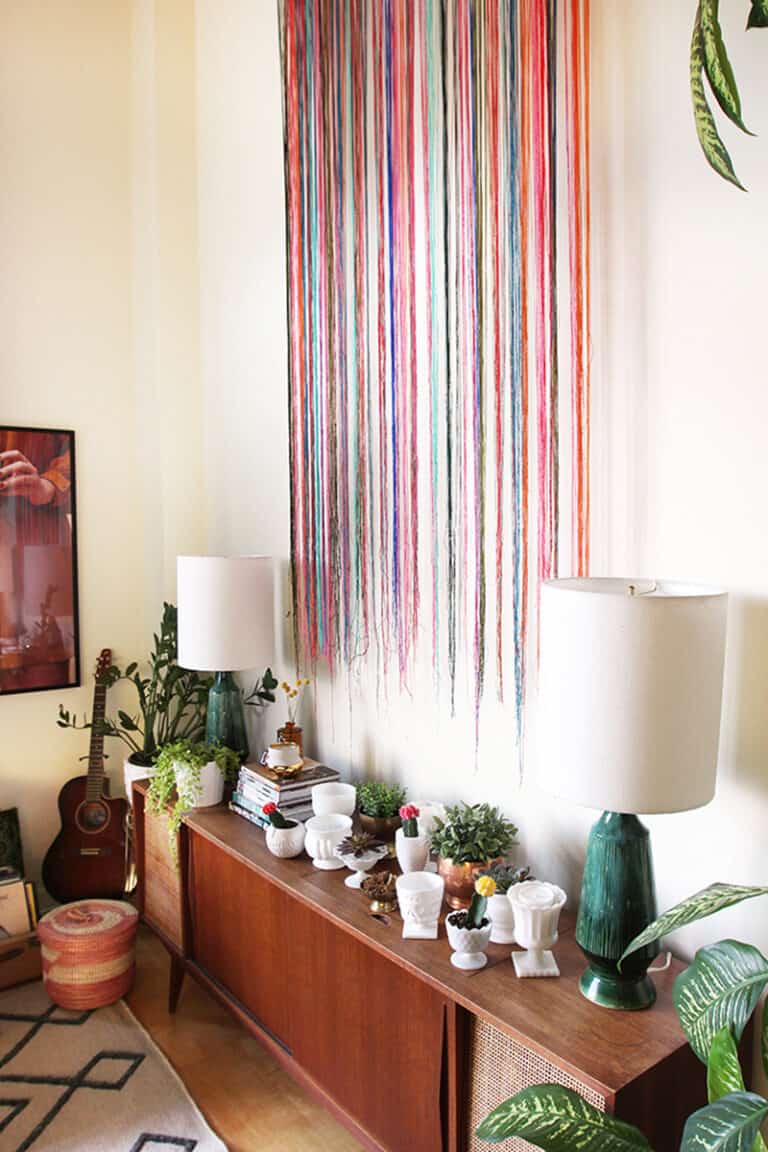 DIY multi colored string wall hanging.