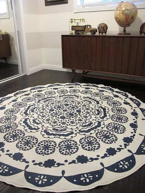 blue and white rug on a floor