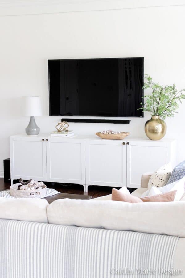 White Besta cabinet DIY IKEA hack for TV media center.