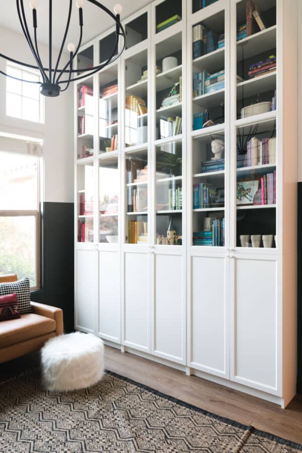 White fitted wall shelves.