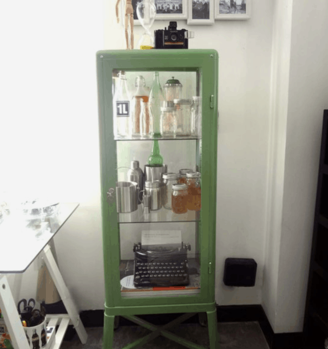 Green glass cabinet.