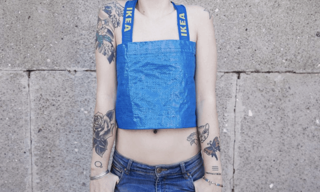 Womens crop top made from a blue IKEA bag.
