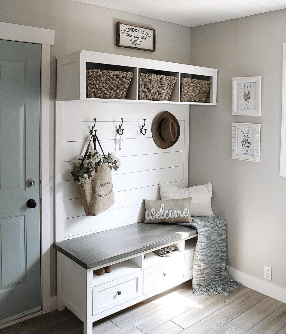 white and brown mudroom