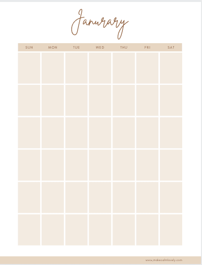 January monthly calendar page