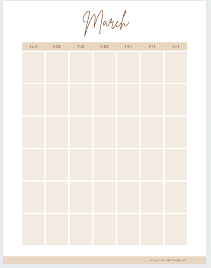 March monthly calendar page