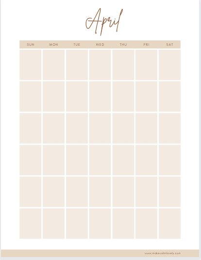 April monthly calendar page