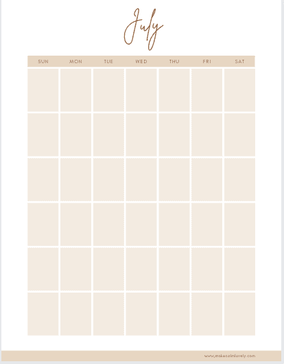 July monthly calendar page