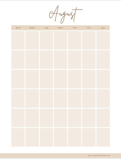 August monthly calendar page