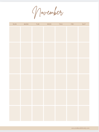 November monthly calendar page