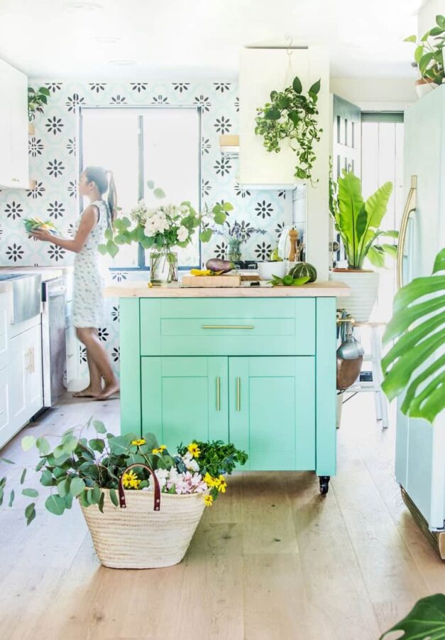 Green painted kitchen island.