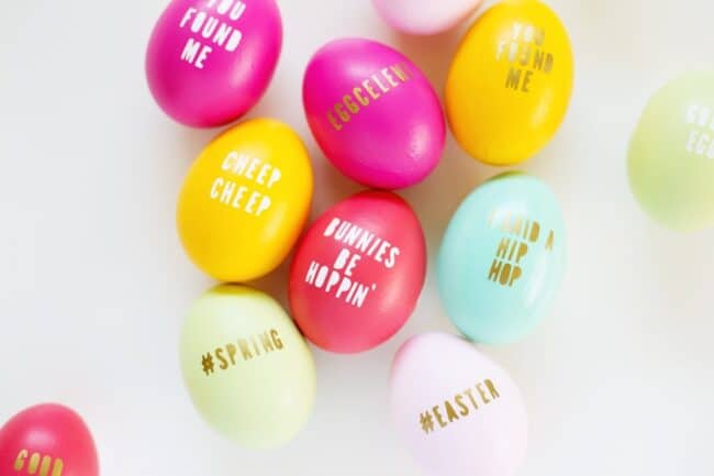 colorful eggs with words