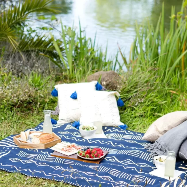 Blue and white mudcloth picnic blanket set up for a picnic by the river.