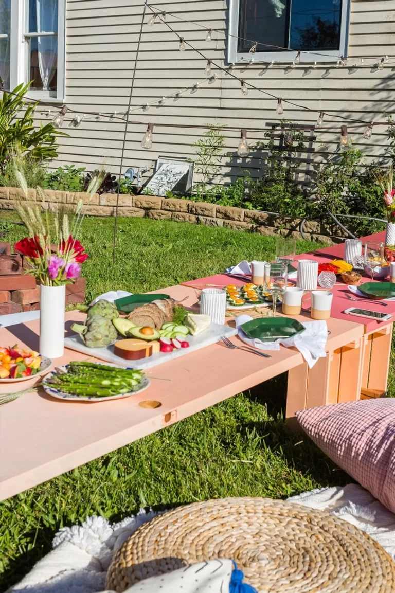 Colorful outdoor tables made from IKEA Crates