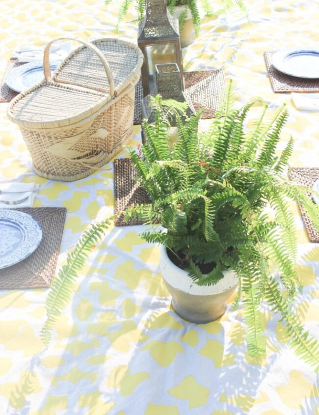 White picnic blanket with yellow stencil design set up outside.