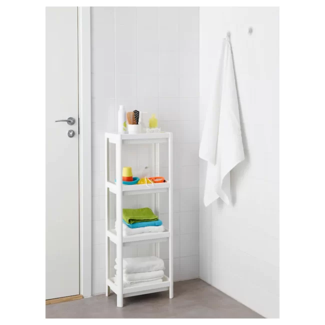 White shelf unit for bathroom.